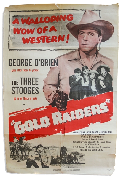 27'' x 41'' One-Sheet Poster for The Three Stooges ''Gold Raiders'', United Artists 1951 -- NSS# 51/524 -- Two Closed 2'' Tears & a 15'' Closed Tear, Else Very Good